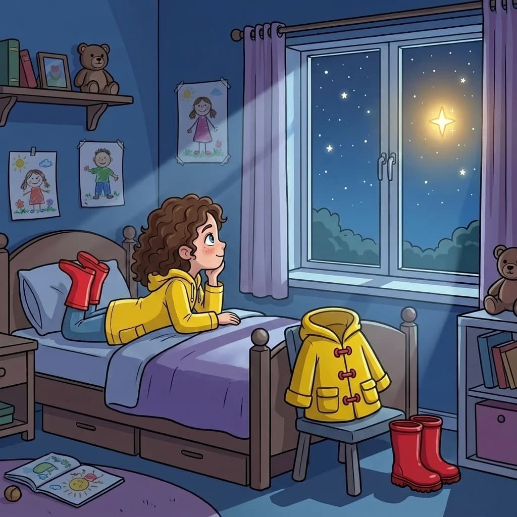Als Emma später in ihrem Bett lag, schaute sie aus dem Fenster. Hoch oben am Himmel sah sie ihn – ihren kleinen Funkels…