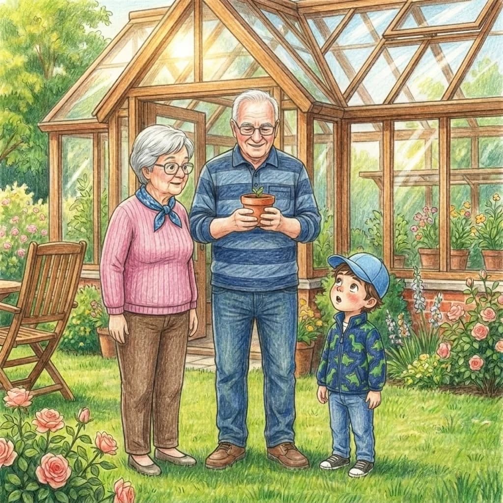 In diesem Moment kam Opa Rainer aus dem Gewächshaus. In seinen Händen hielt er einen winzigen Blumentopf. Darin saß ein…