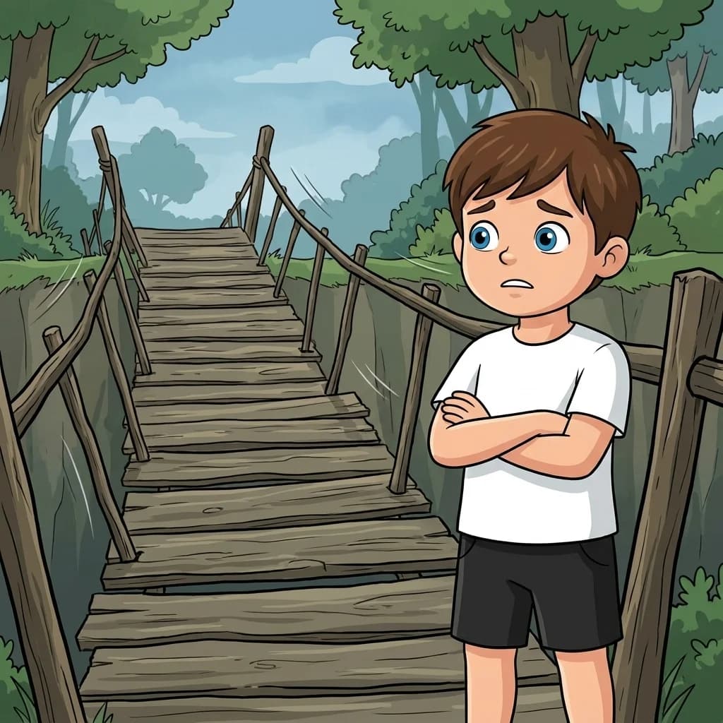 Max‘ Augen wurden groß. Die Brücke sah aus wie eine zittrige Nudel! Max hasste es, wenn Dinge wackelten. Einen Fuß auf…