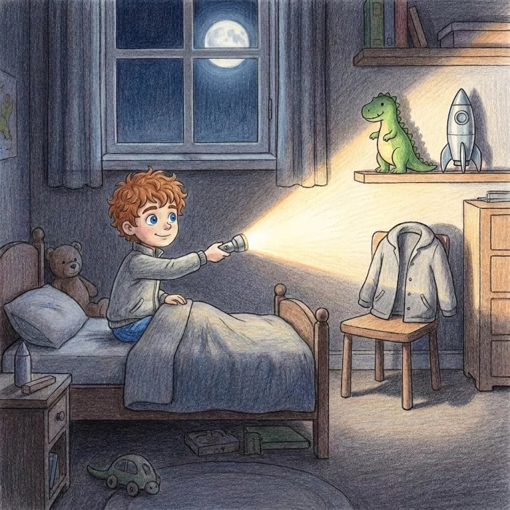 Vorsichtig leuchtete er auf das Monster. Aber da hing nur seine kuschelige graue Jacke! Er schwenkte das Licht weiter.…